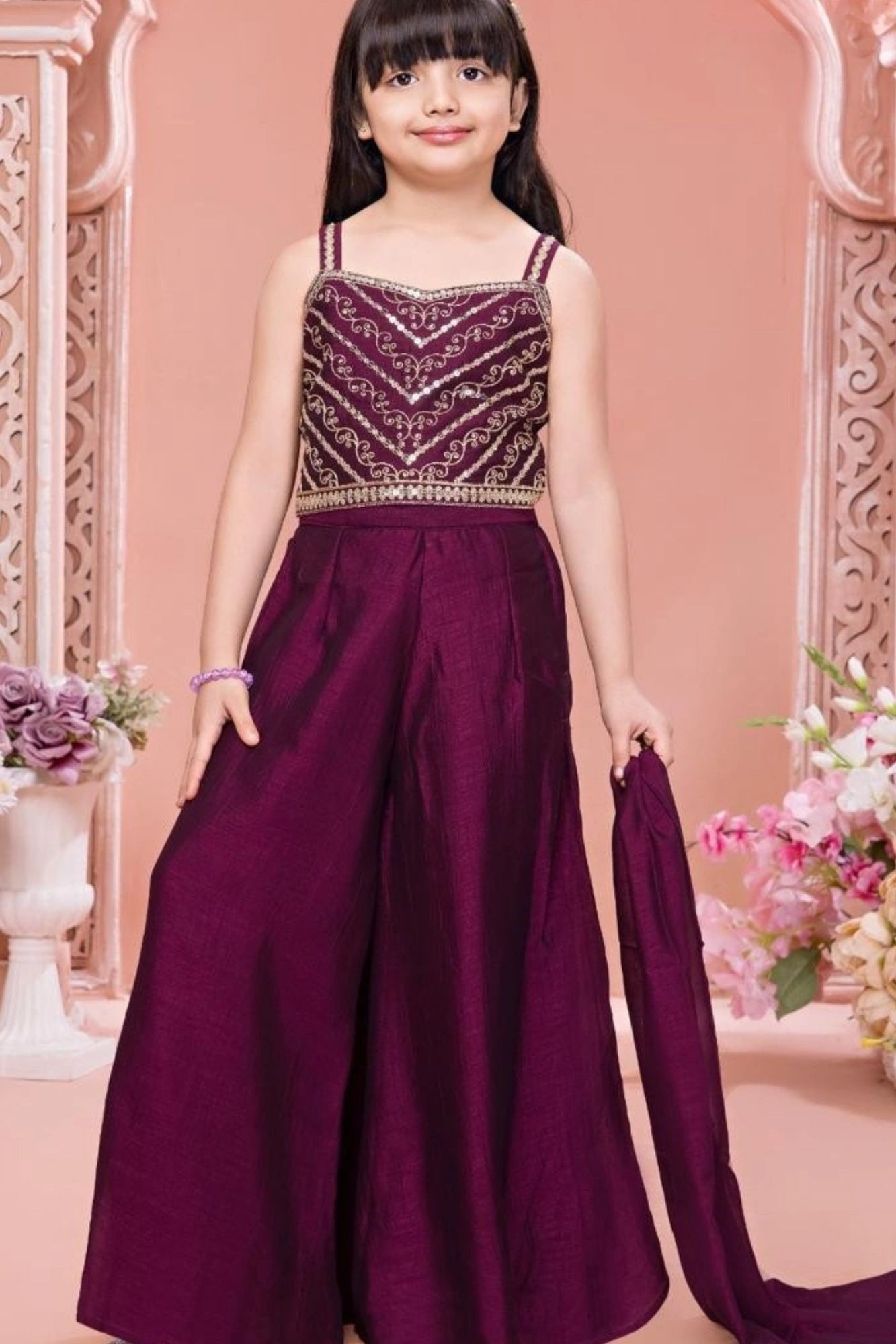 Wine Embroidered  Palazzo Set With Dupatta For Girls