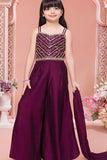 Wine Embroidered  Palazzo Set With Dupatta For Girls