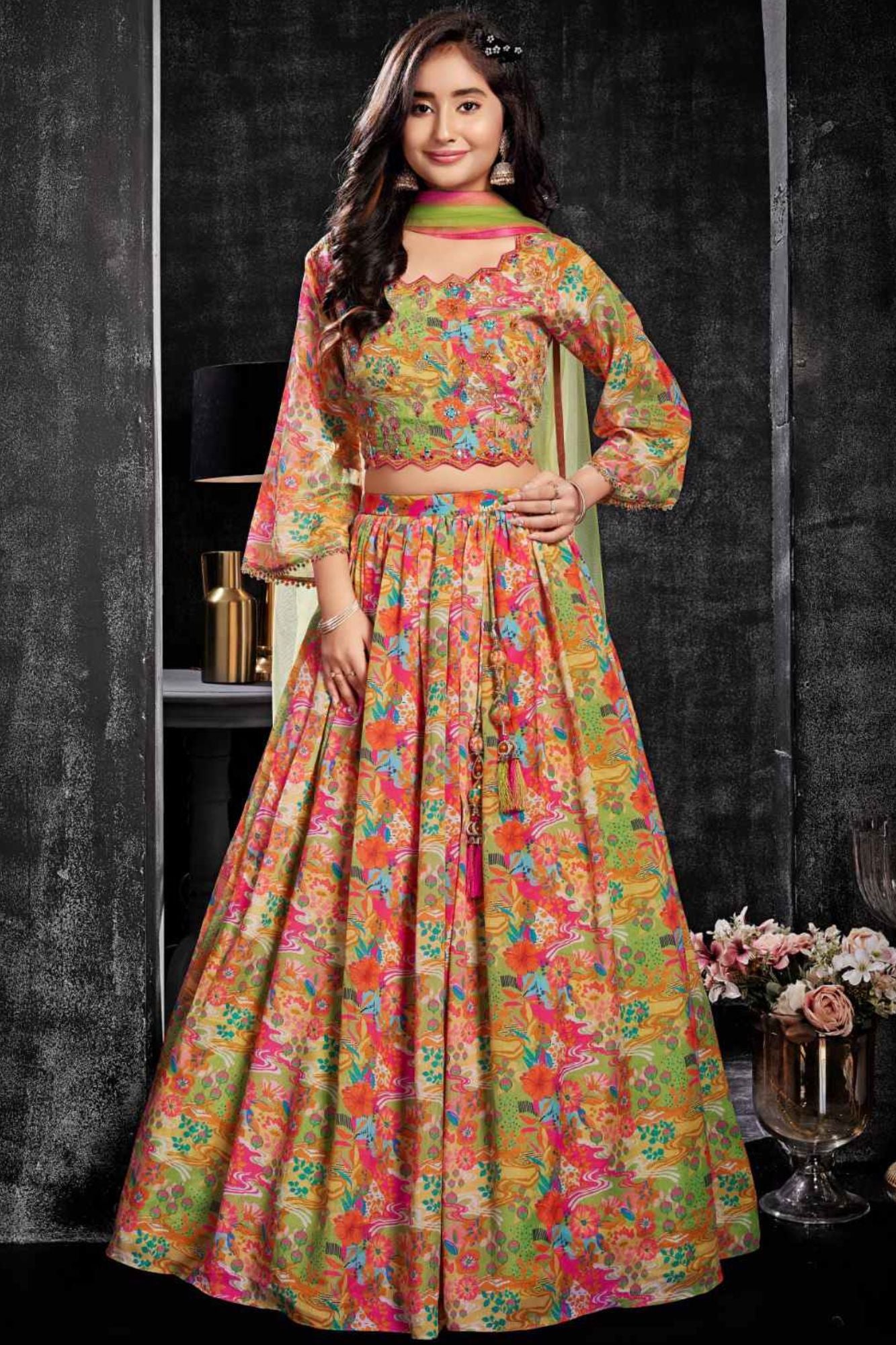 Green Floral Printed Lehenga Choli Set with Dupatta