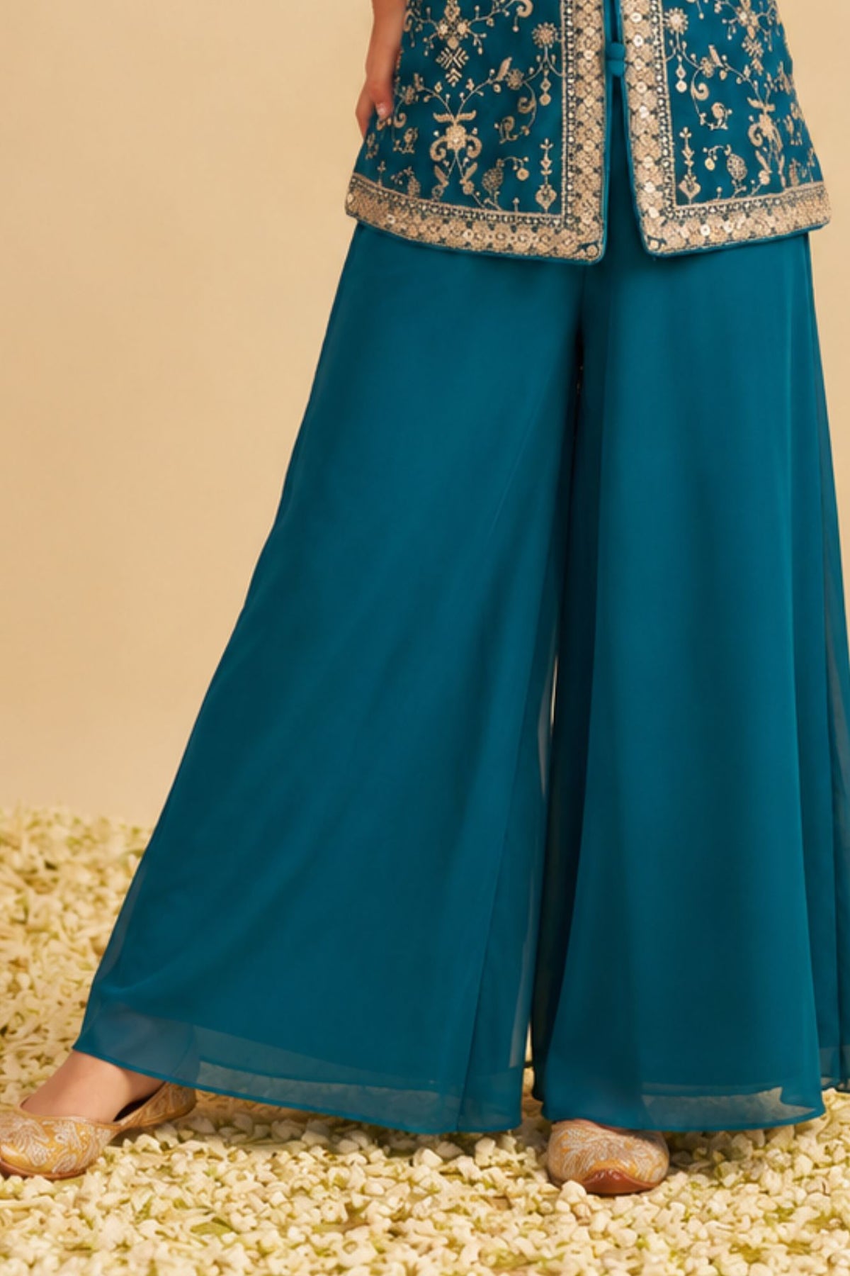 Girls Teal blue Embroidered Palazzo Set with Dupatta