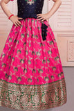Navy Blue And Pink Silk Pattu Pavadai With Gold Foil Print For Girls