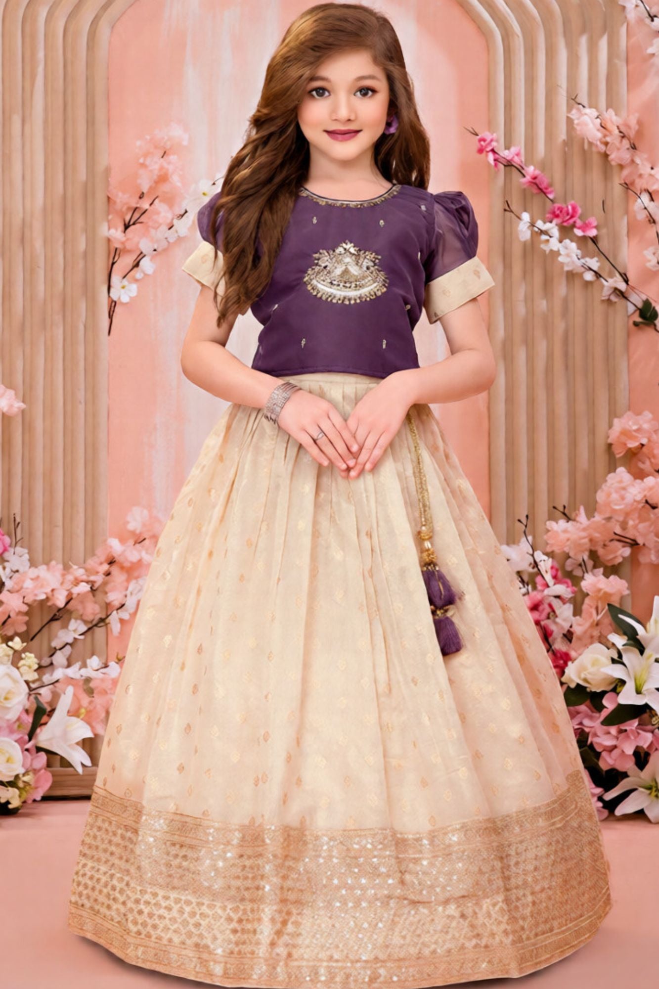 Purple & Cream Zari and Stone Embroidery Pattu Pavadai Set