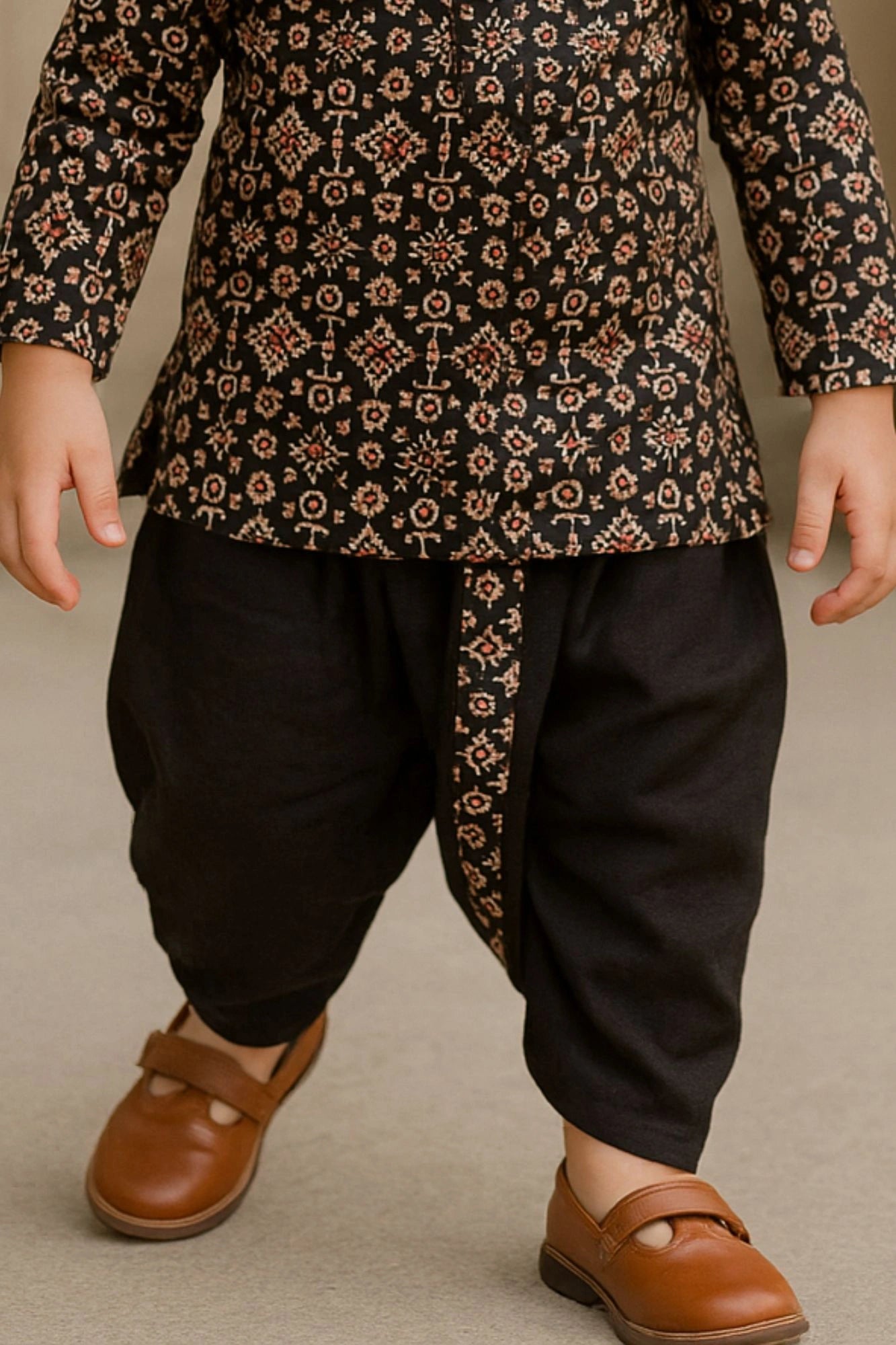 Black Handblock Printed Kurta with Dhoti Set For Boys