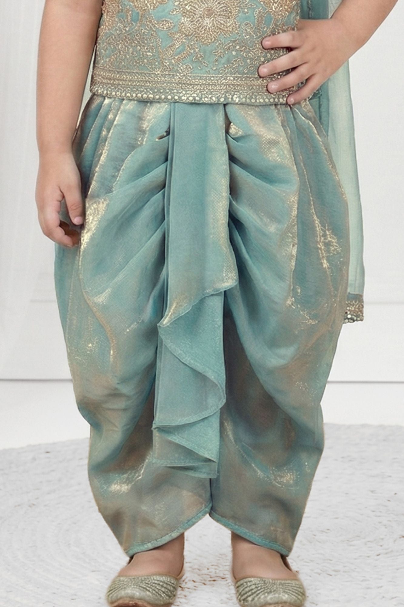 Sky Blue Embroidered Dhoti Skirt Set with Dupatta For Girls