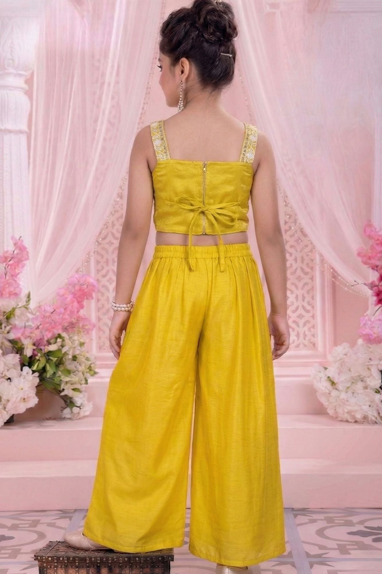 Sunshine Yellow Embroidered Jacket Palazzo Set For Girls