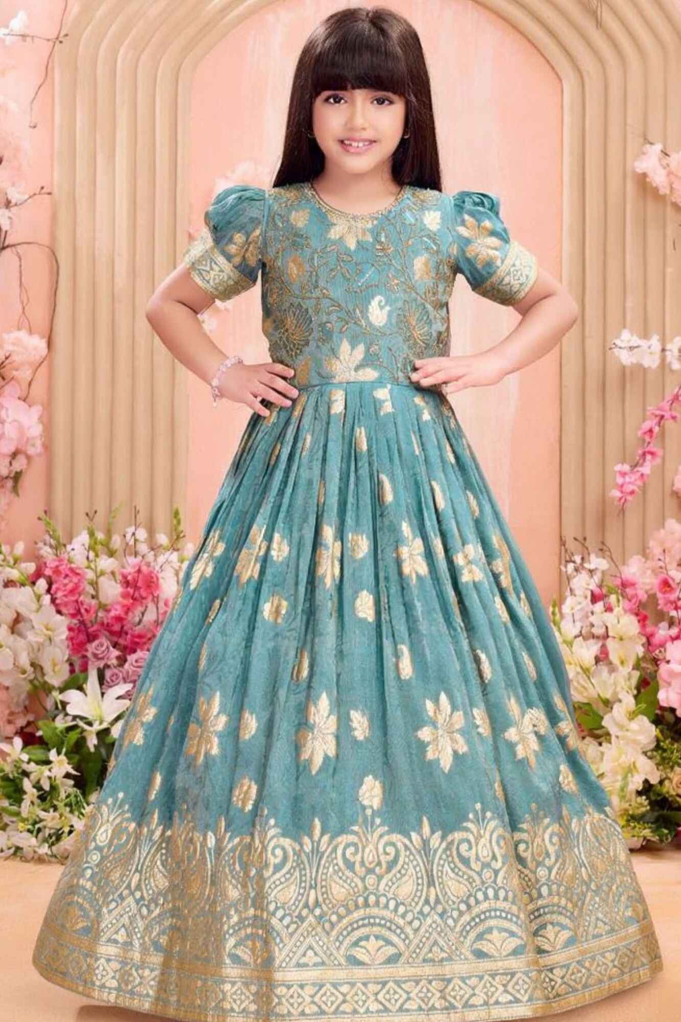 Blue Floral Brocade Ethnic Gown For Girls