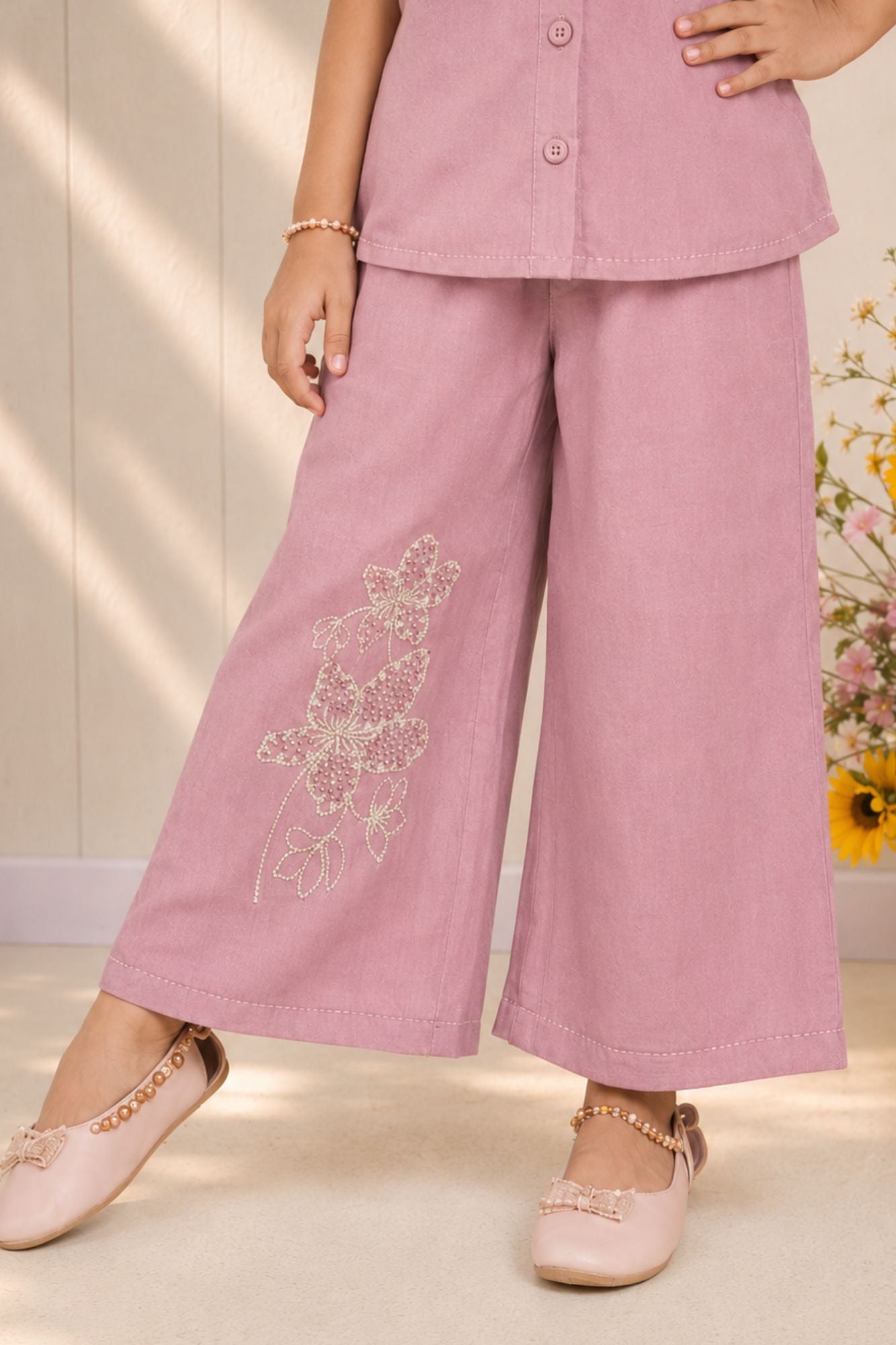 Dusty Lilac Floral Embroidered Shirt & Wide-Leg Co-Ord Set