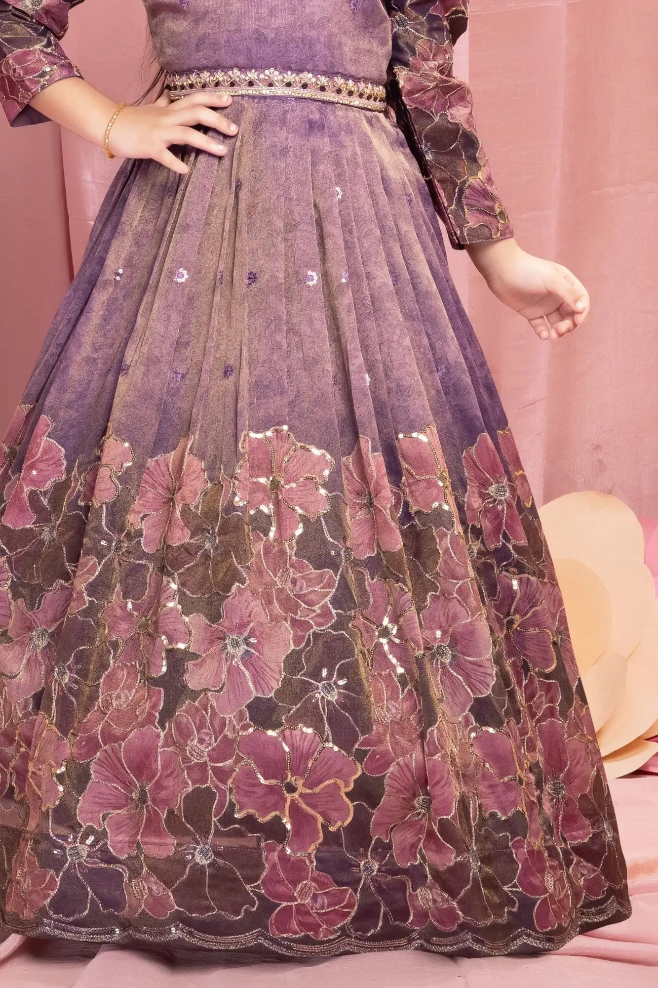 Purple Floral Embroidered Gown with Puff Sleeves For Girls
