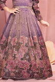 Purple Floral Embroidered Gown with Puff Sleeves For Girls
