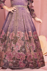 Purple Floral Embroidered Gown with Puff Sleeves For Girls