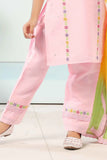 Pink Kurta Set With Multicolor Embroidery And Yellow-Green Dupatta For Girls