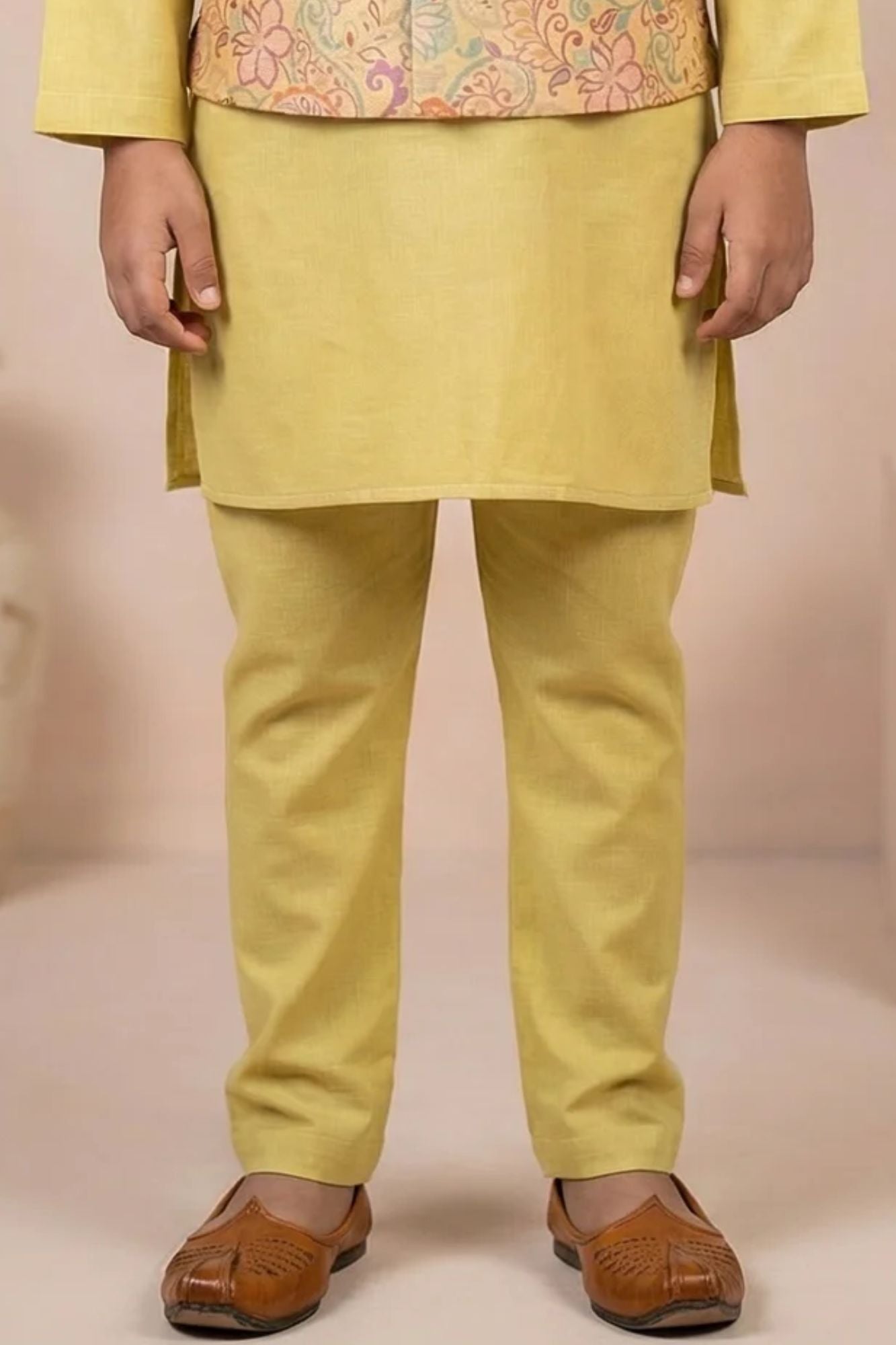 Boys Mustard Yellow Kurta Set with Floral Printed Nehru Jacket