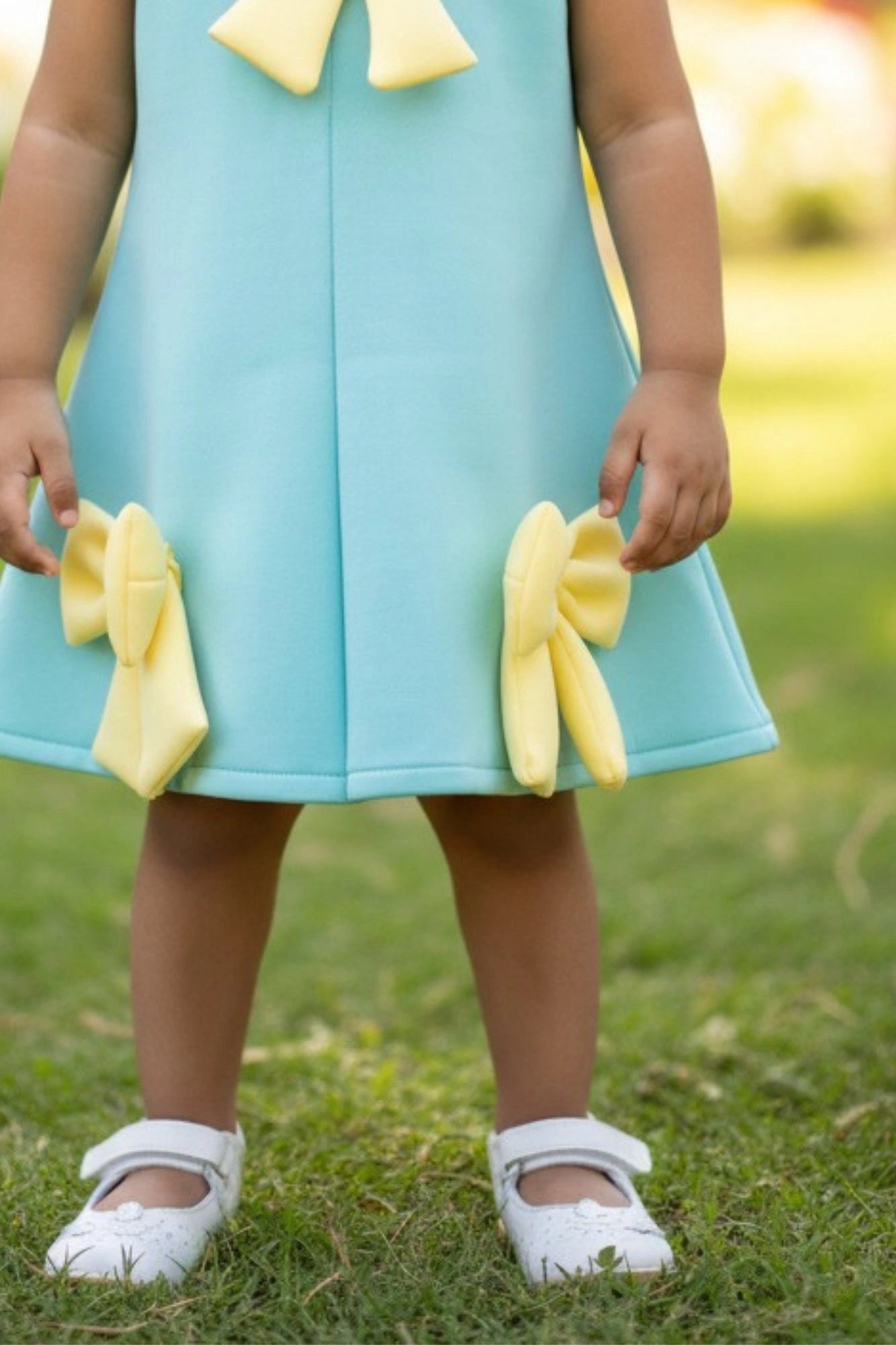 Aqua Blue Party Frock with Yellow Bow Accents For Girls