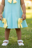 Aqua Blue Party Frock with Yellow Bow Accents For Girls