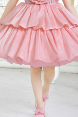 Peach Partywear Frock Embellished With Flowers For Girls