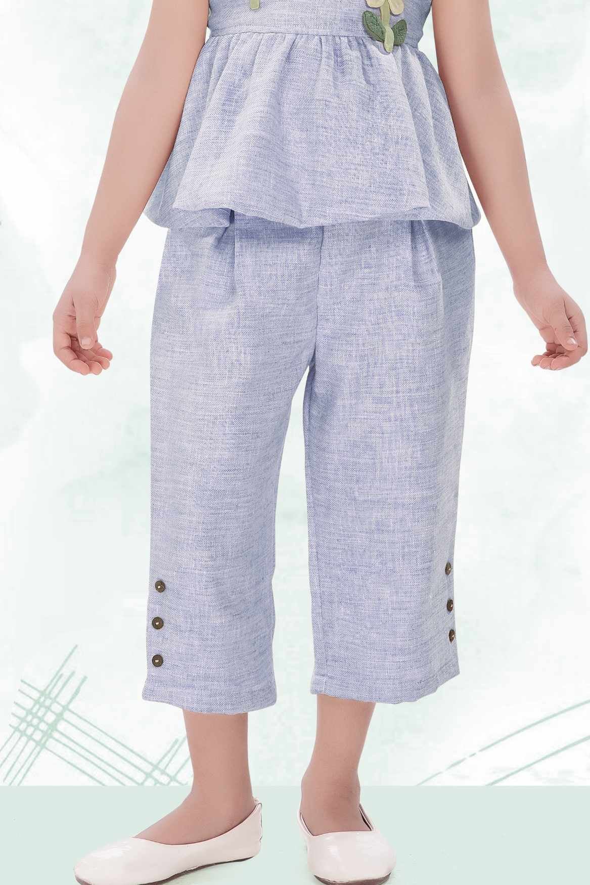 Blue Floral Appliqué And Palazzo Set For Girls