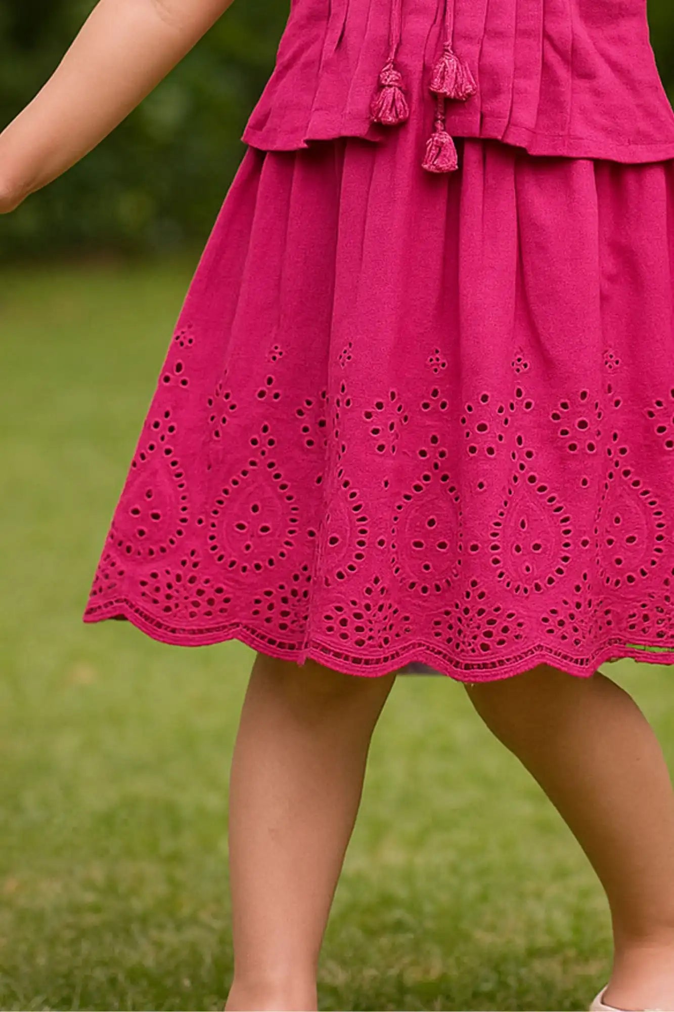 Dark Pink Sleeveless Cotton Dress with Tassel Tie-Up For Girls
