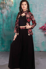 Black Floral Embroidered And Stone Work Ethnic Palazzo Set With Over Coat For Girls