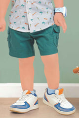 White Printed Shirt And Green Shorts Set For Boys