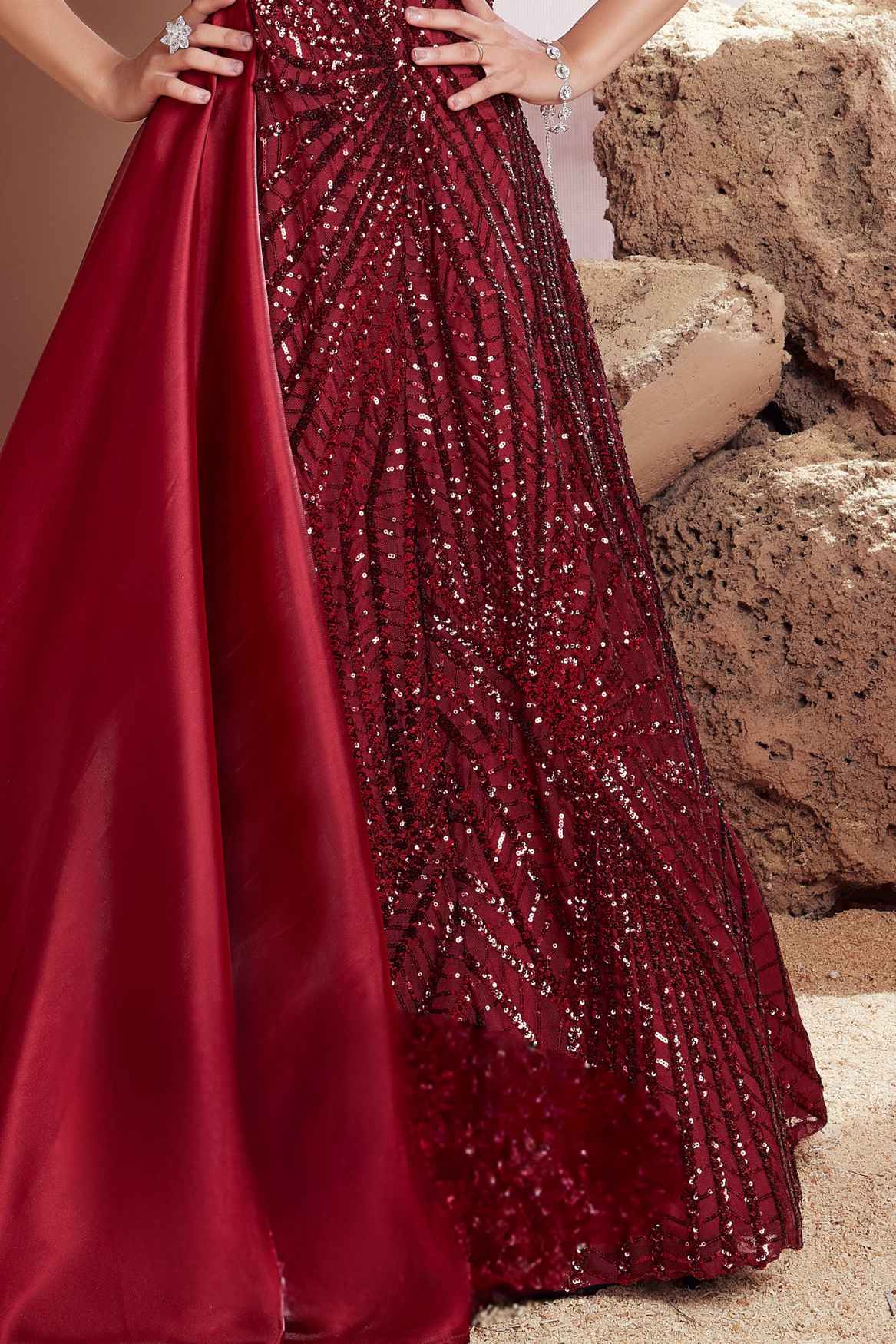 Designer Red Sequined Partywear Gown For Girls