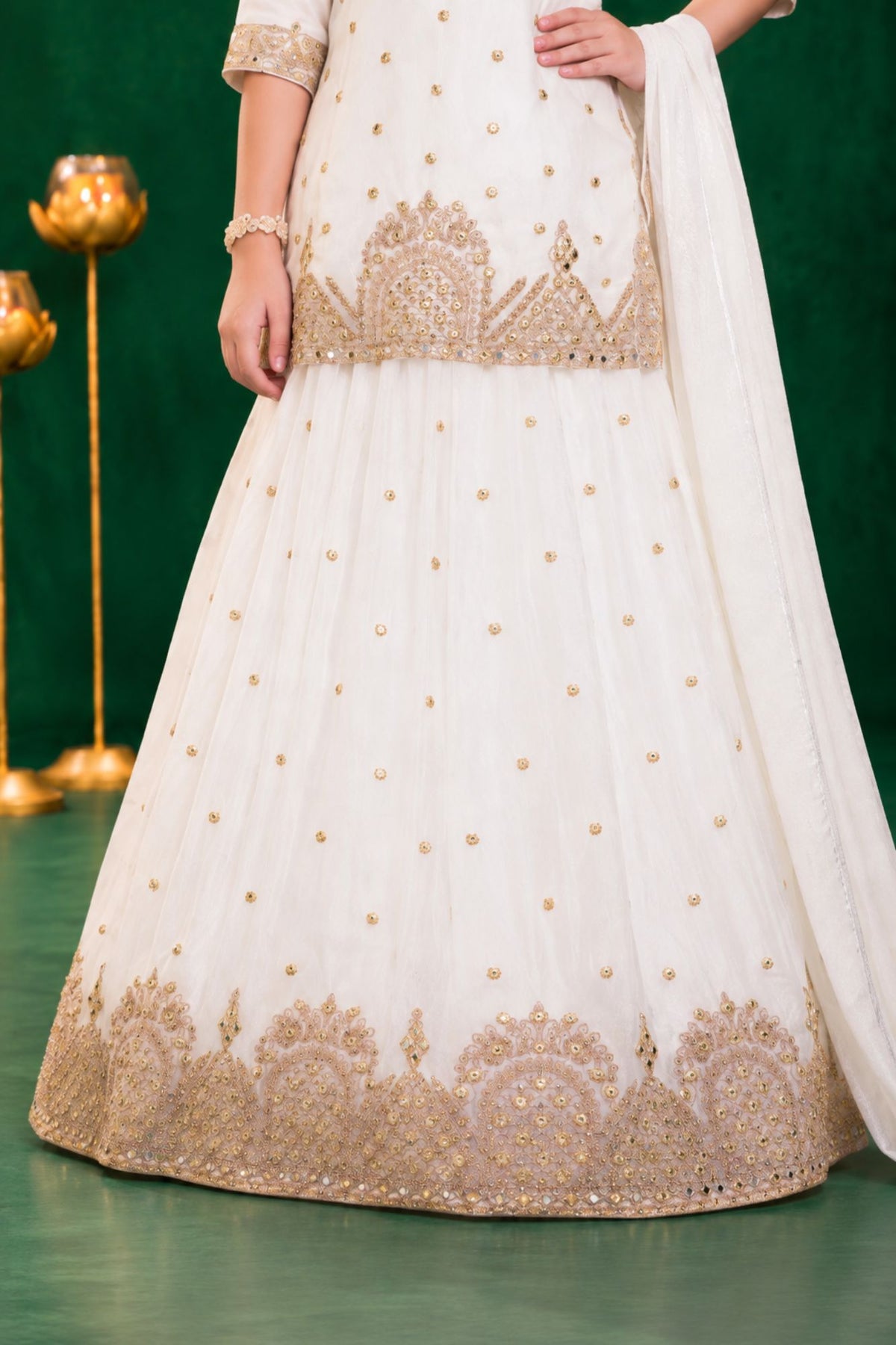 Girls Ivory Gold Embellished Lehenga Choli Set With Dupatta
