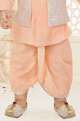 Peach Kurta And Dhoti Set With Sequins Work Waistcoat For Boys