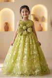 Girls Green Floral  Party Gown with Statement Bow