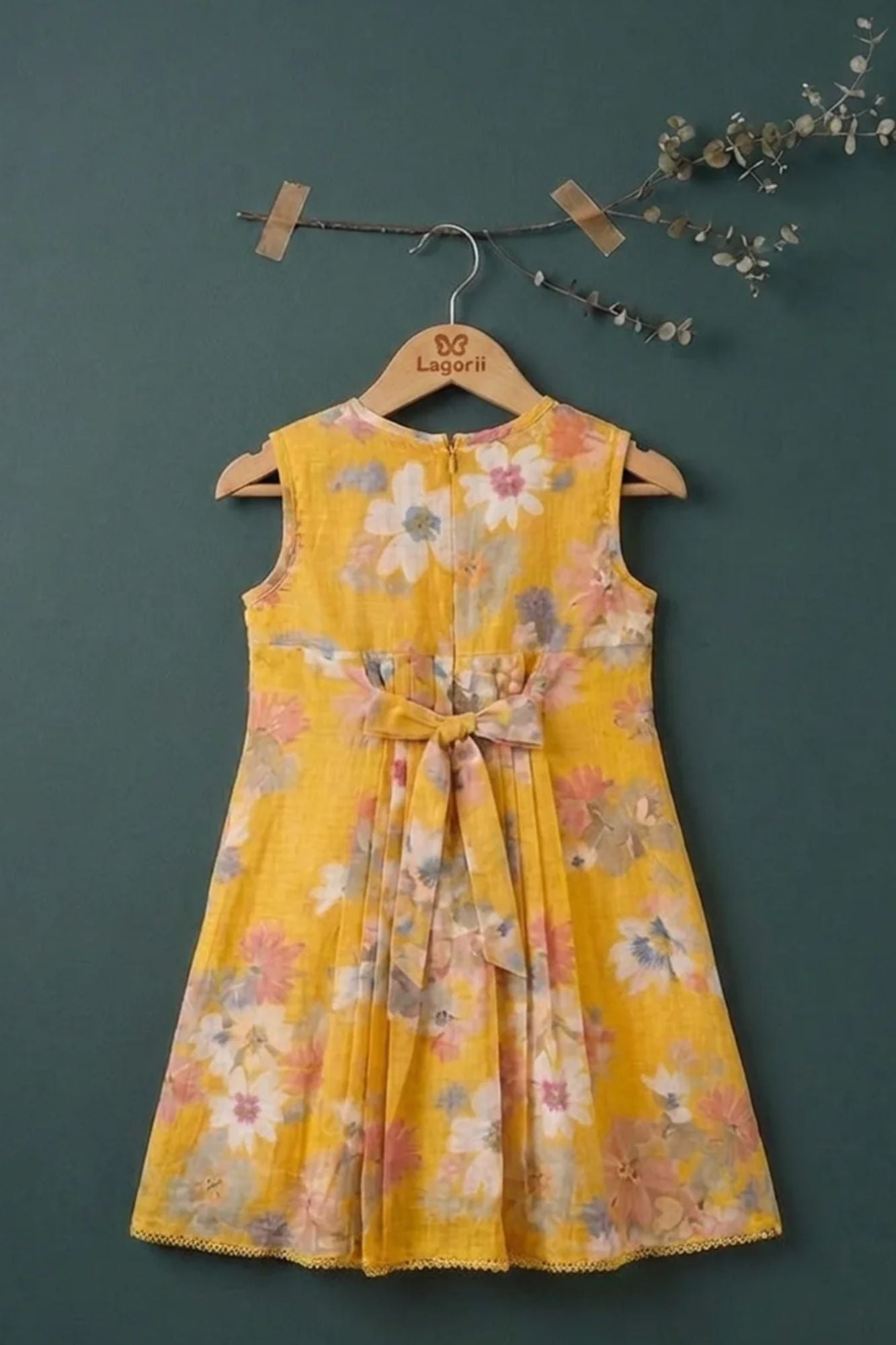 Girls Mustard Yellow Floral Printed Dress With Embroidered Yoke