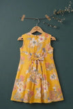 Girls Mustard Yellow Floral Printed Dress With Embroidered Yoke