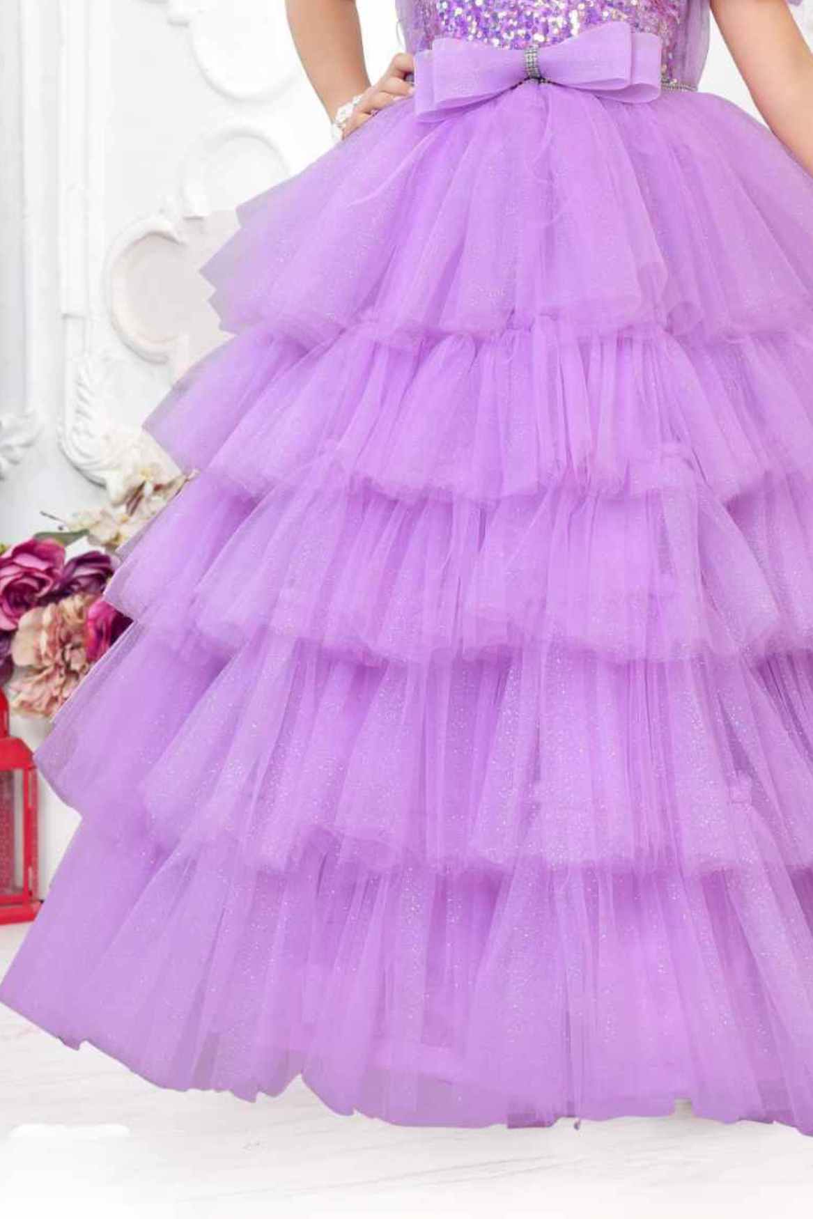 Designer Lavender Sequin Multilayered Net Party Gown With Ruffled Sleeves For Girls - 3-4Y (20) Designer Lavender Sequin Multilayered Net Party Gown With Ruffled Sleeves For Girls - 3-4Y (20)