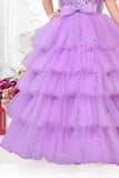 Designer Lavender Sequin Multilayered Net Party Gown With Ruffled Sleeves For Girls