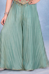 Girls Turquoise Embroidered Palazzo Set With Dupatta
