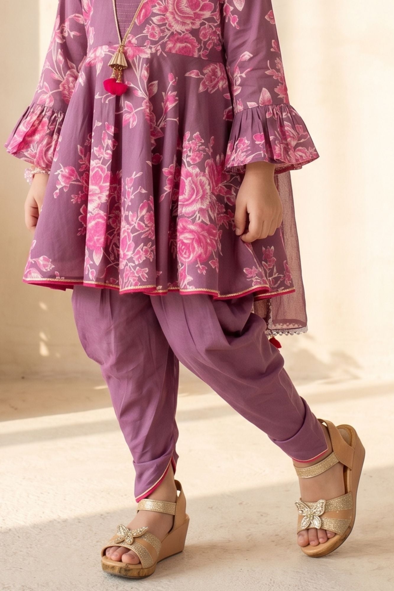 Girls Purple Floral Printed Kurti with Dhoti Pants Set
