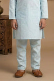 Blue Embroidered Linen Kurta Set For Boys