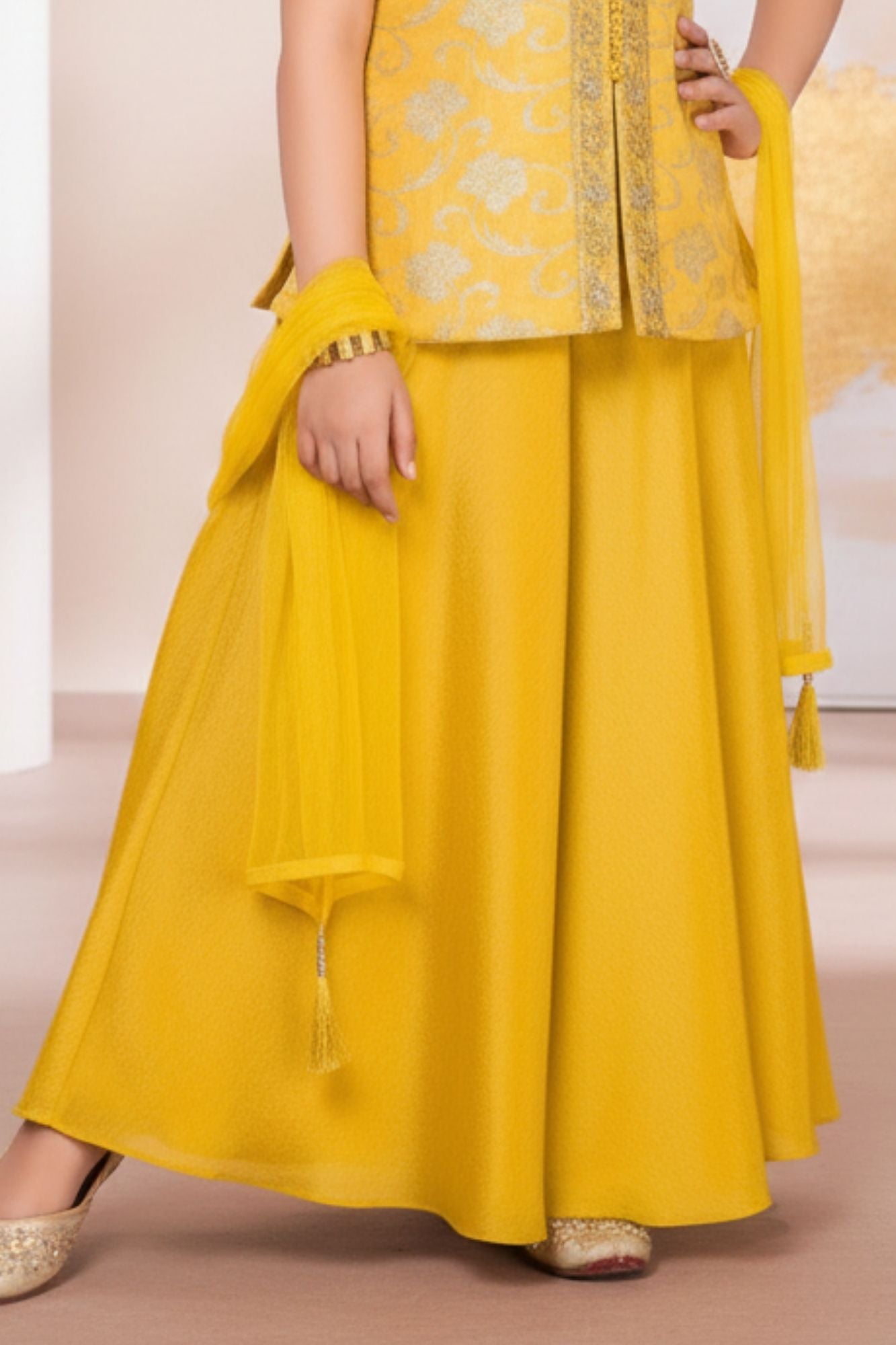 Mustard Yellow Embroidered Palazzo Set with Dupatta For Girls