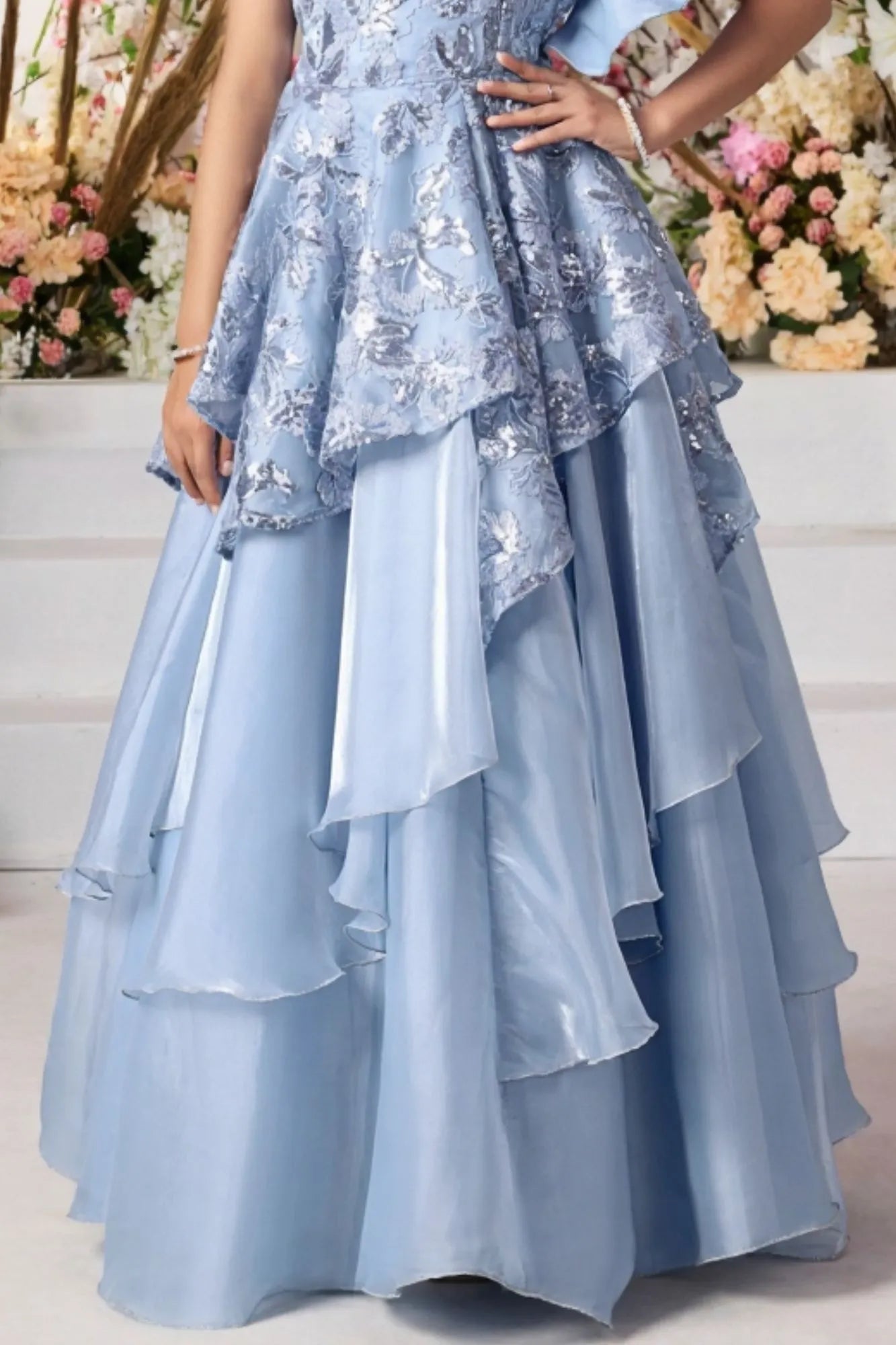 Blue Layered Gown with Ruffled Shoulder and Sequin Embroidery For Girls