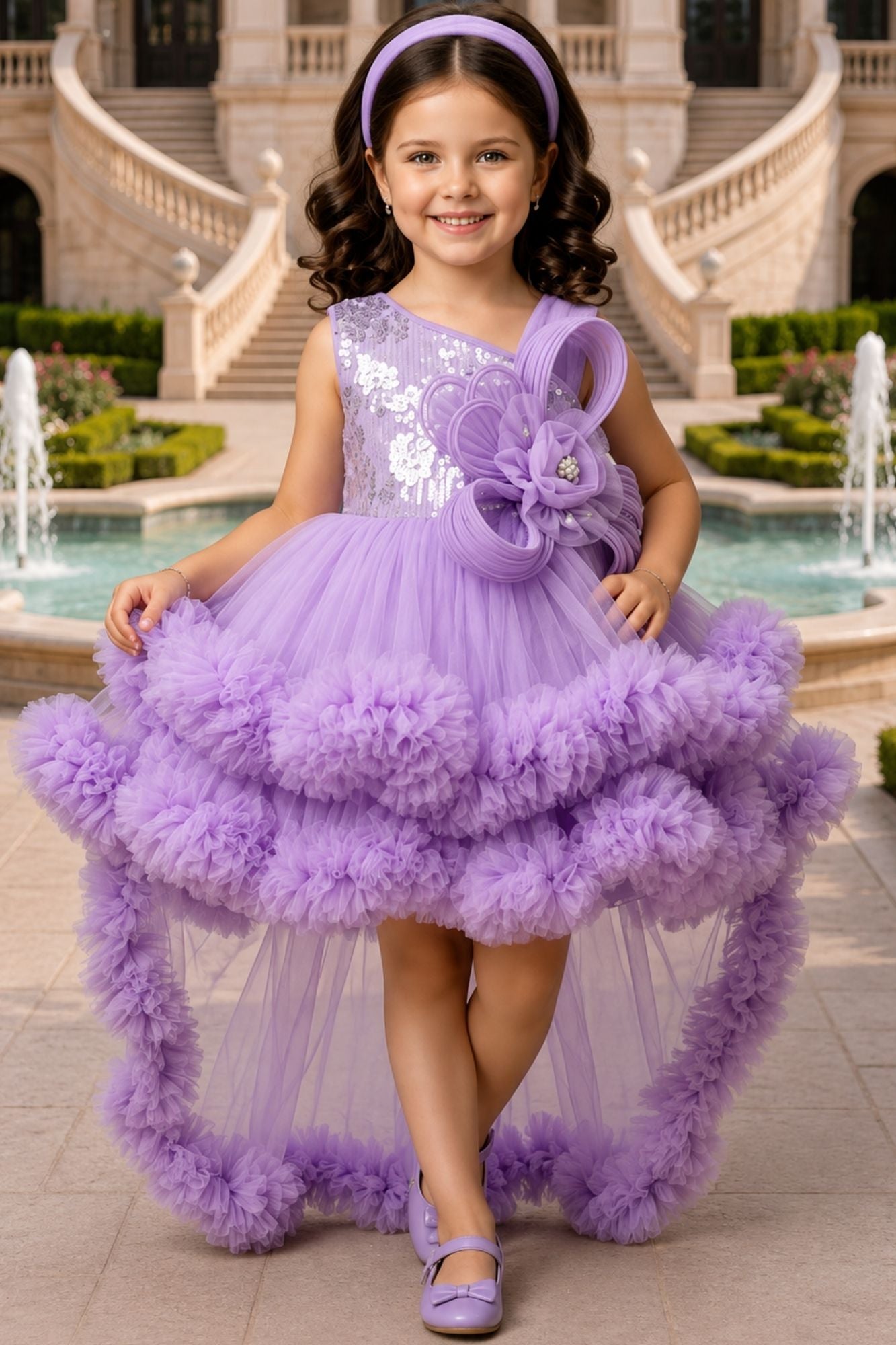 Girls Lavender Layered Ruffle Tailback Party Dress With Floral Details