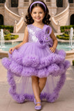 Girls Lavender Layered Ruffle Tailback Party Dress With Floral Details