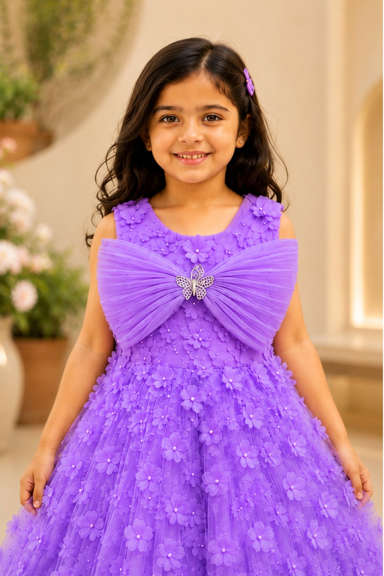 Lavender 3D Floral Appliqué Party Gown With Pleated Bow And Butterfly Brooch For Girls