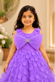 Lavender 3D Floral Appliqué Party Gown With Pleated Bow And Butterfly Brooch For Girls