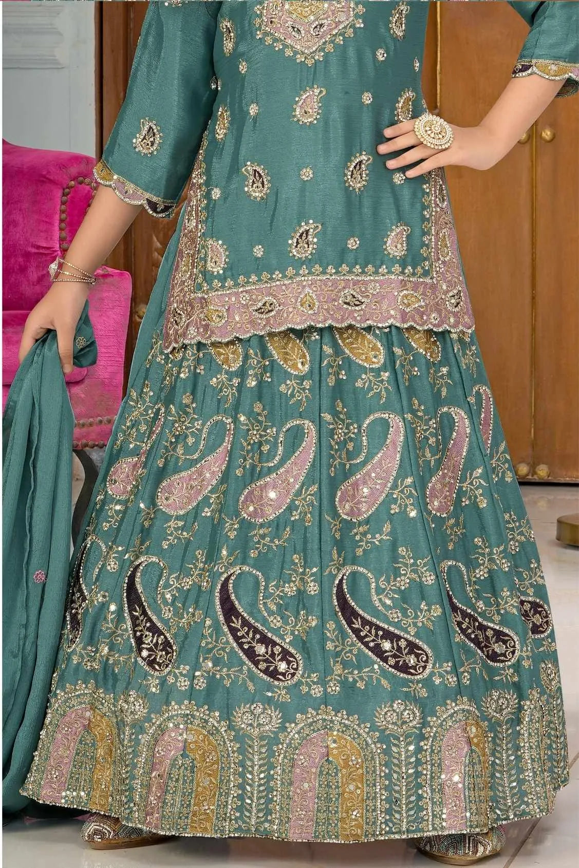 Rama Green Embroidered Lehenga Set for Girls