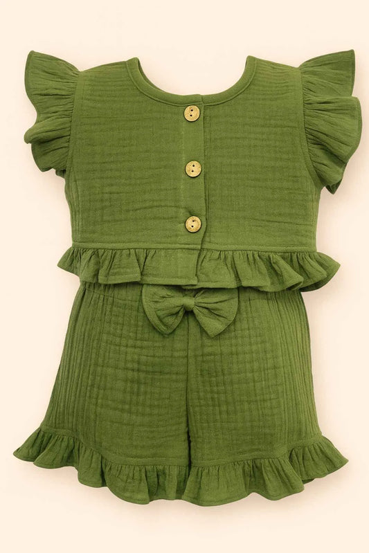 Olive Green Co-ord Set with Ruffle Details for Girls