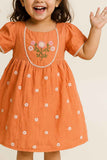 Orange Cotton Embroidered Dress for Girls