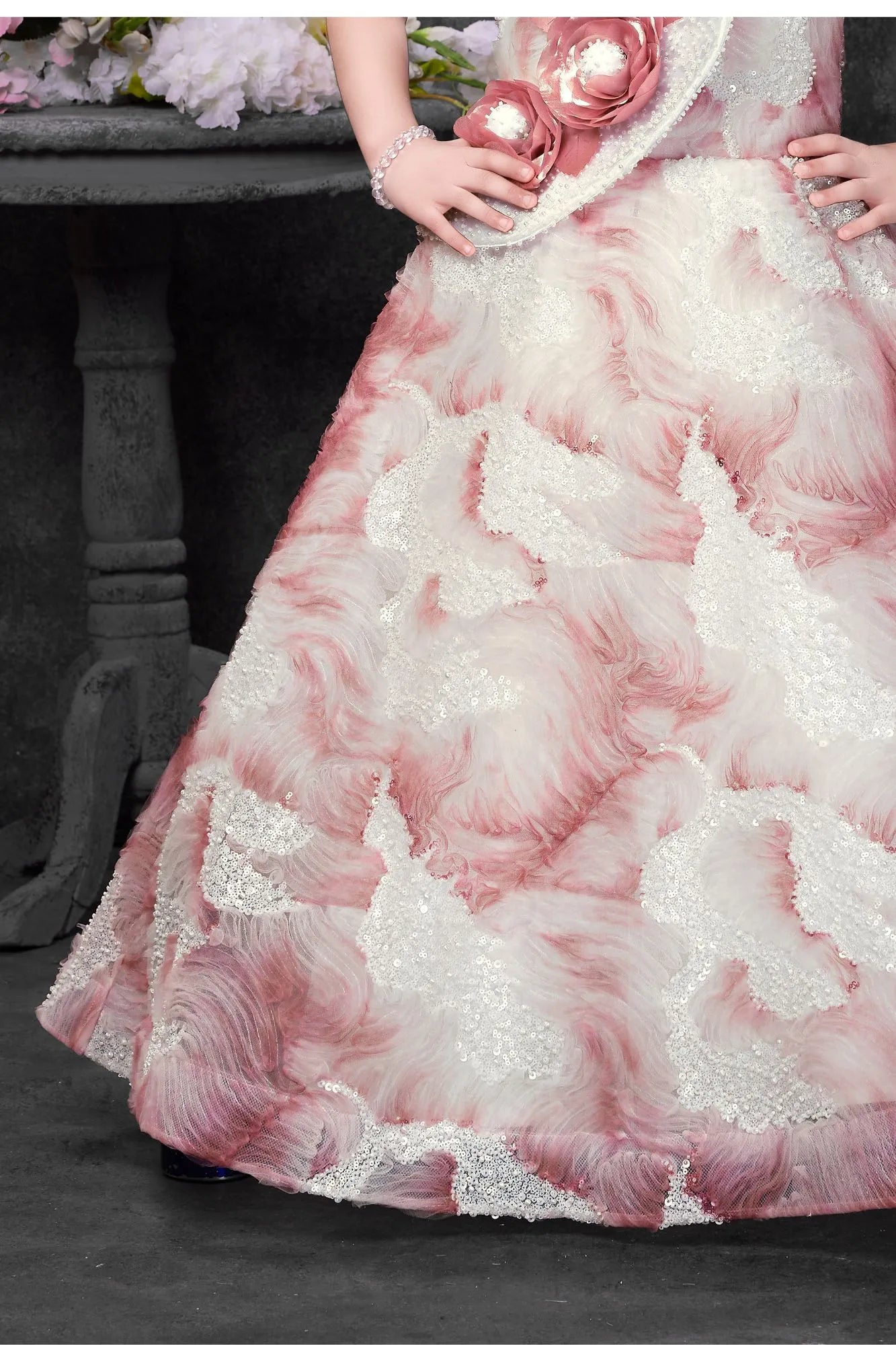 Blush Pink And Ivory Floral Appliqué Party Wear Gown For Girls