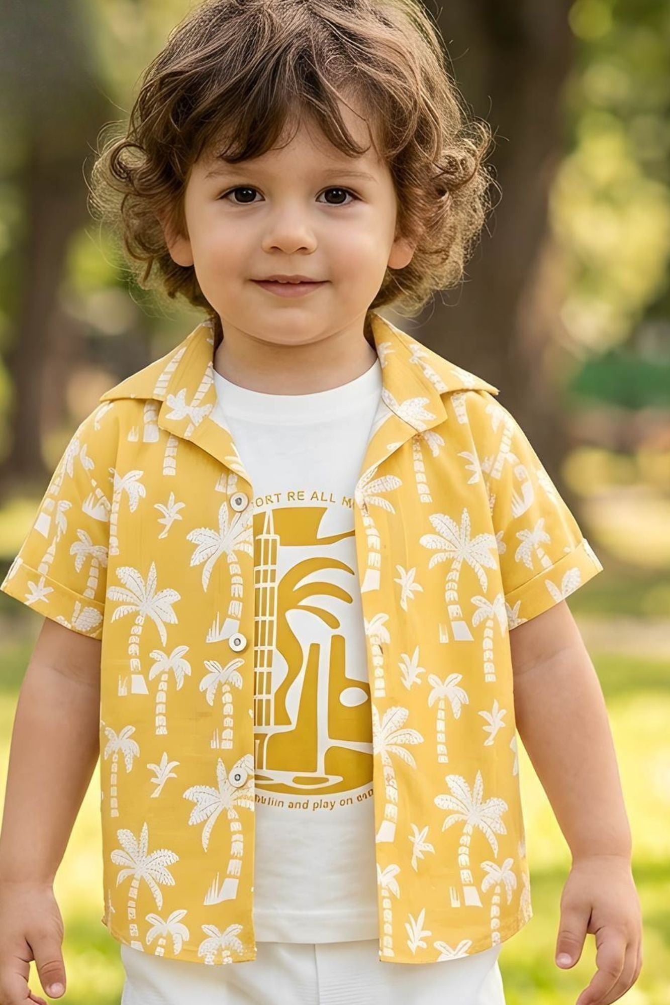 Boys Yellow Tropical Printed Shirt with T-Shirt & White Shorts Co-Ord Set