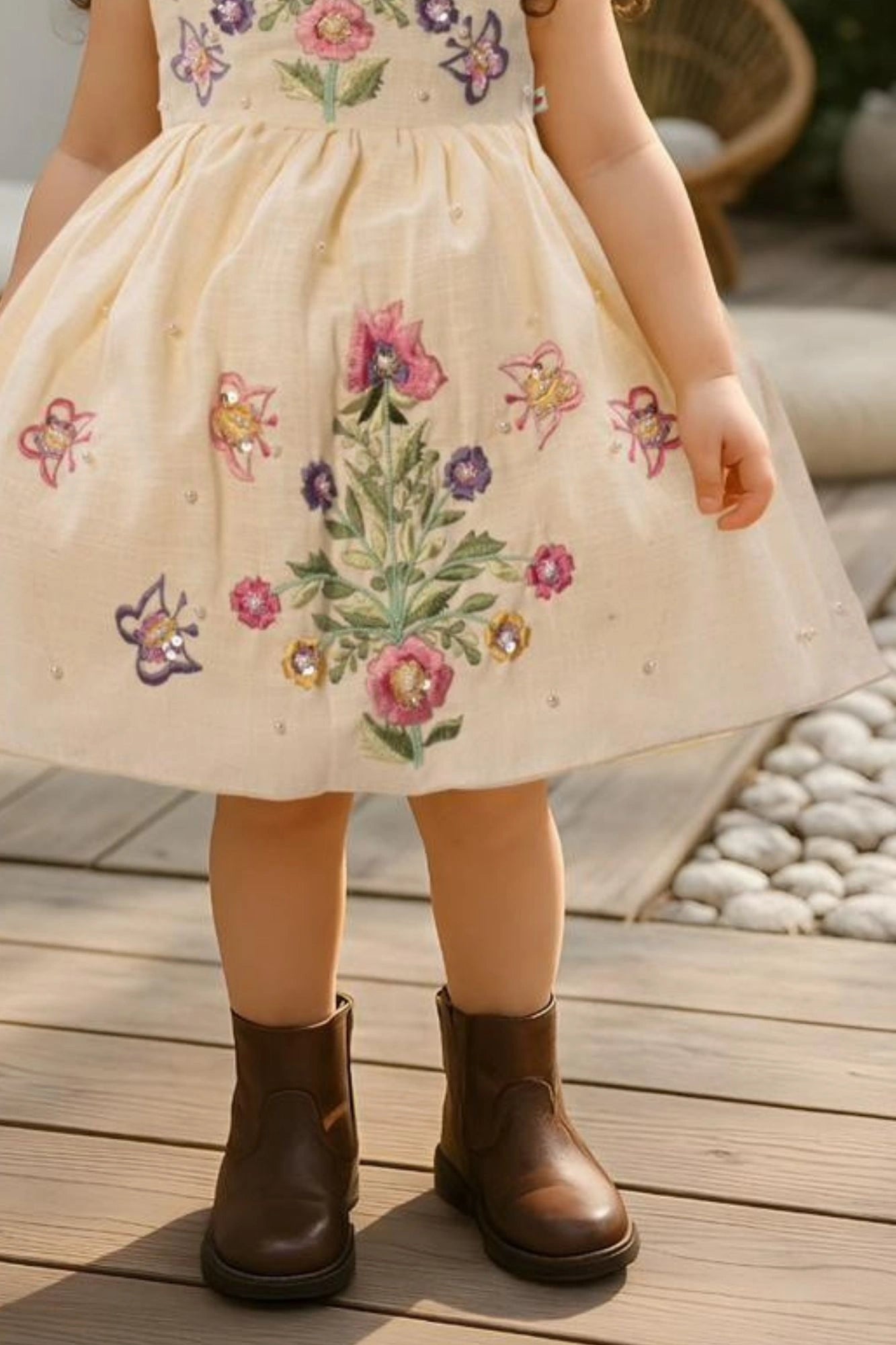Cream Sleeveless Embroidered Frock With Butterfly Motifs & Pearls For Girls