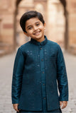 Teal Blue Thread And Sequins Embroidered Sherwani Set For Boys