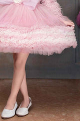 Designer Pink Frock With Bow Embellishment And Overcoat For Girls