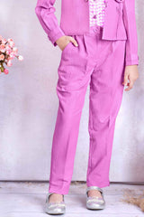 Trendy Lavender Co Ord set With Floral Embellished Overcoat For Girls