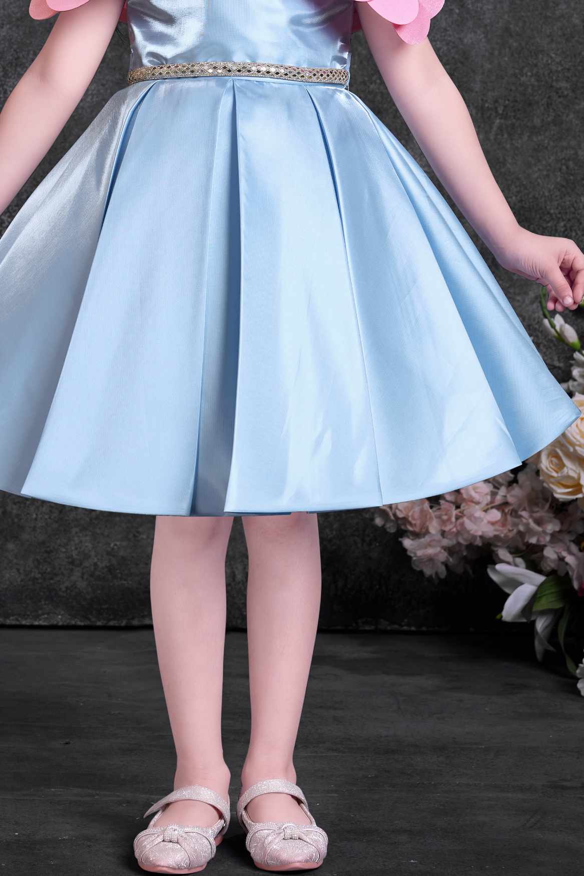 Powder Blue Party Wear Frock with Pink Bow Appliqué And Flared Skirt For Girls
